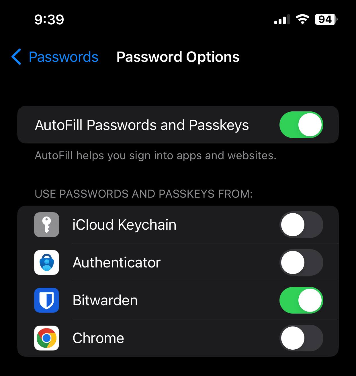 iOS Password Options screen