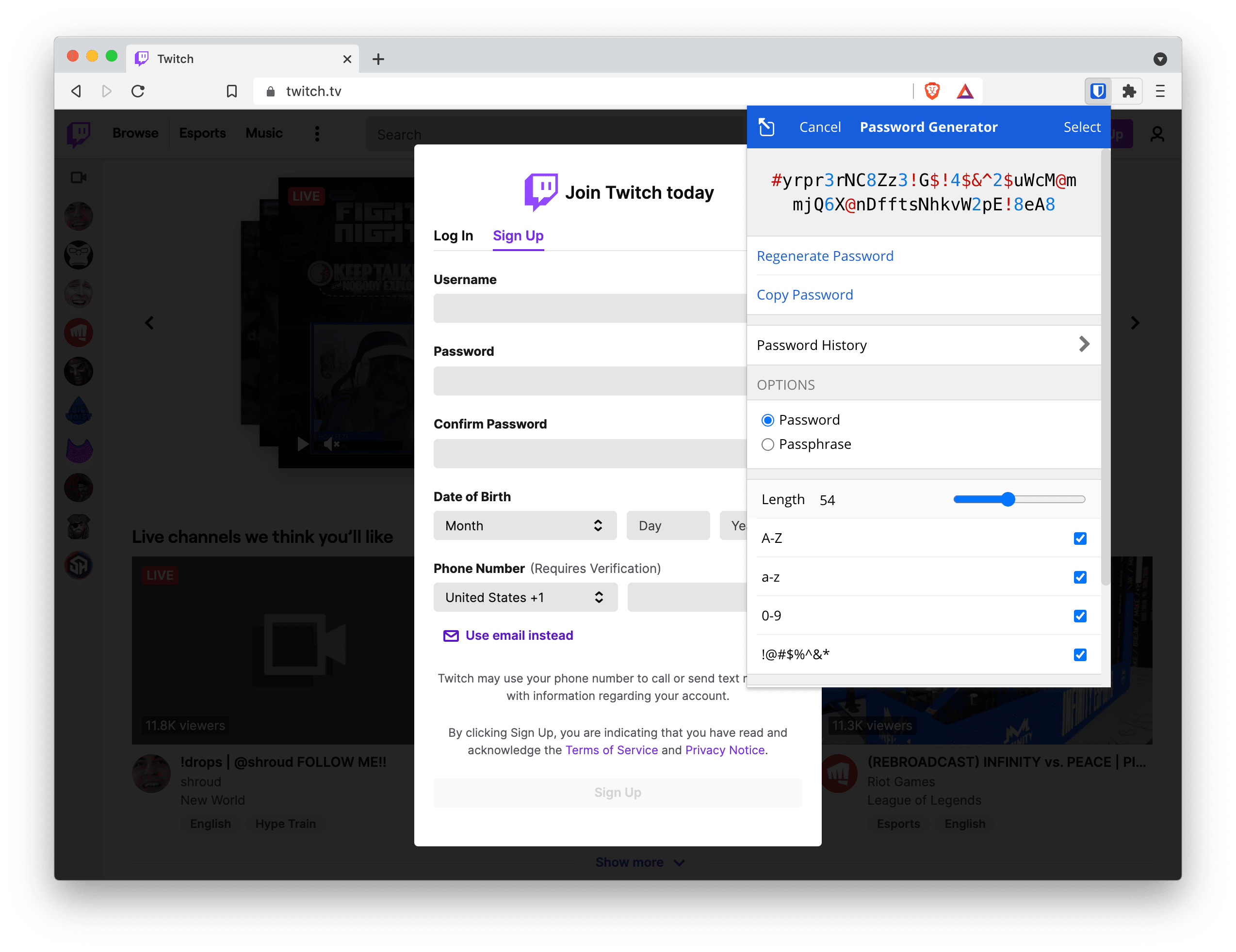 Generate a password for your Twitch account with the Bitwarden browser extension