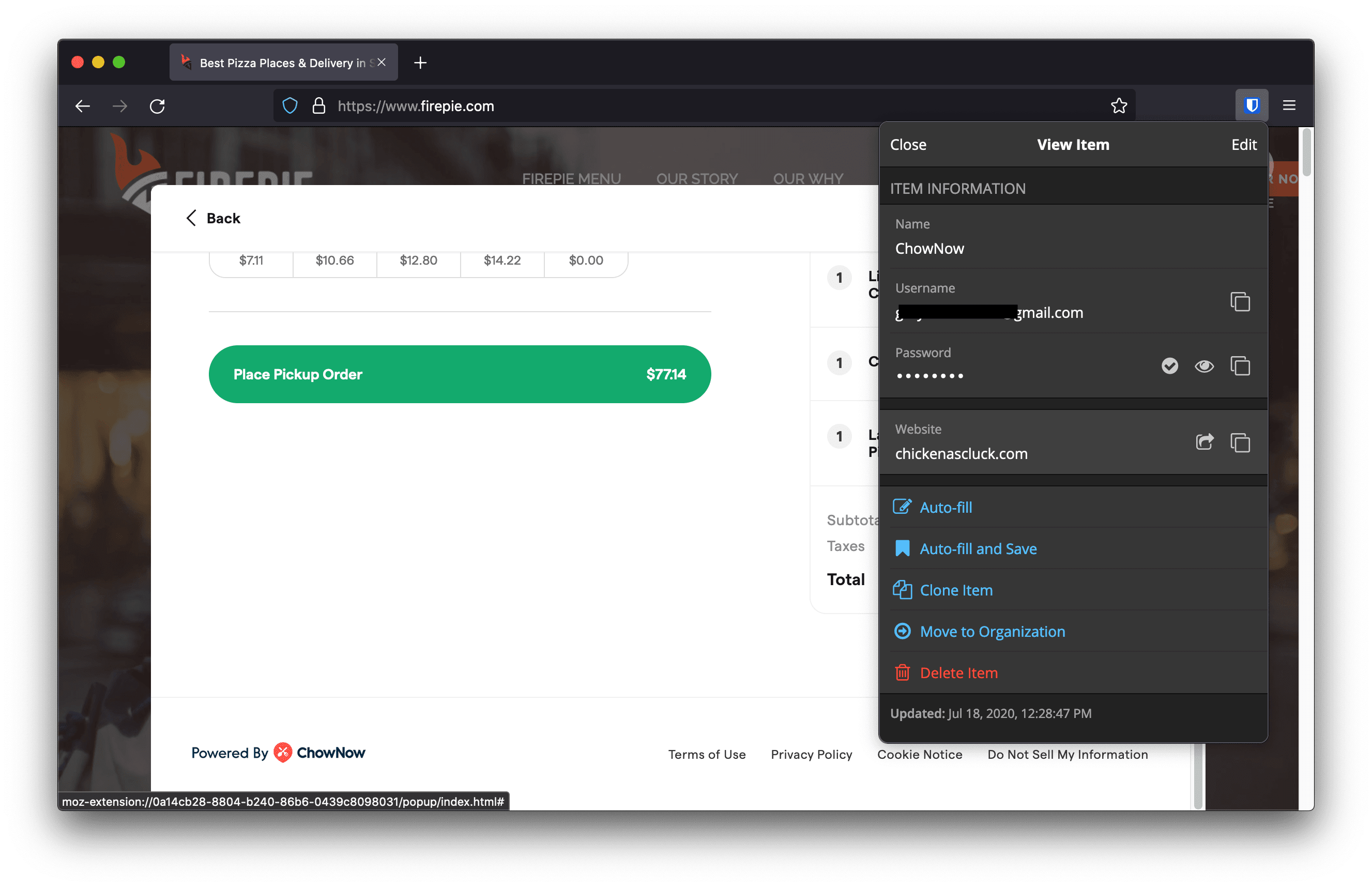 Opening ChowNow item within the Bitwarden browser extension shows item is named under chickenascluck.com.