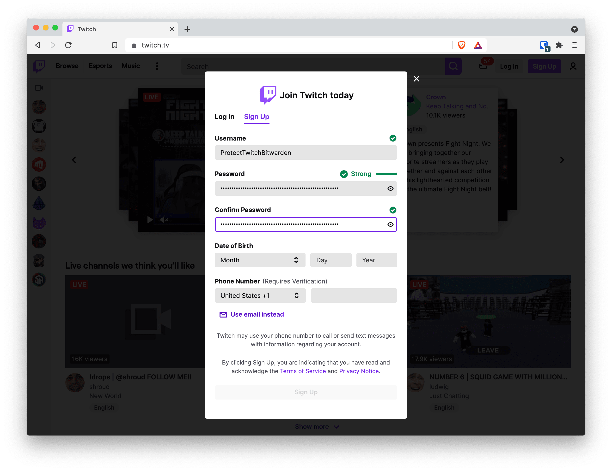 Using the Bitwarden browser extension to autofill Twitch login