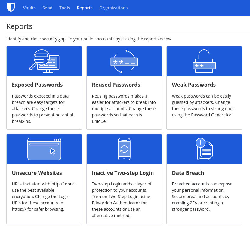 Figure 2: The Bitwarden Reports window offers a few very handy tools.