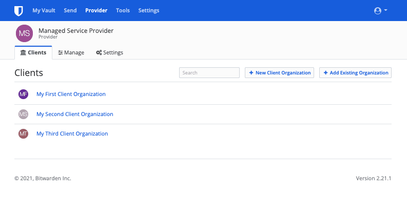 Client Organizations listed within the Provider Portal