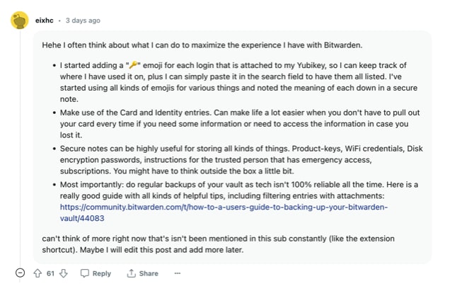 Reddit user eixhc details how they maximize their Bitwarden experience when using hardware keys