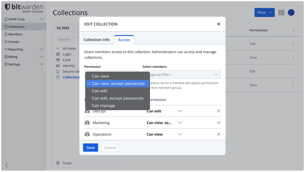 Selecting the “Hide Passwords” box on Bitwarden Vault