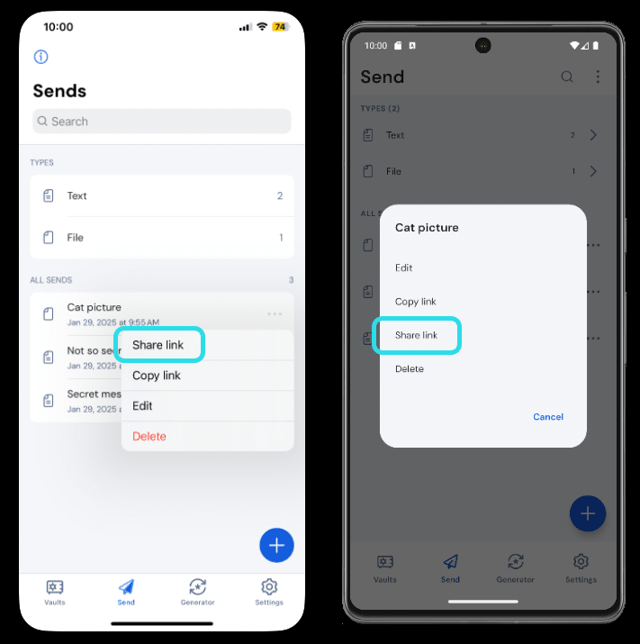 Share a send on mobile