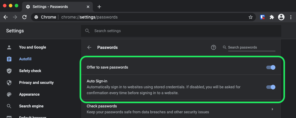 Chrome Password Options