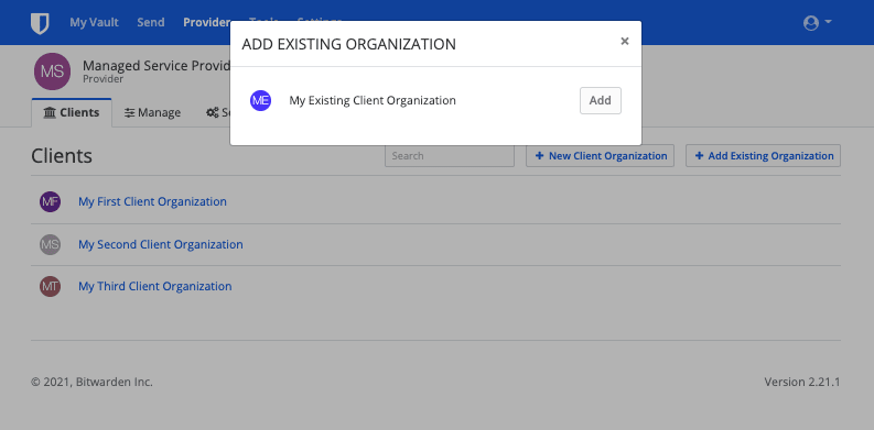 Adding an Existing Organization