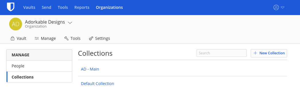 Figure 7: The Collections section of Organizations in Bitwarden.