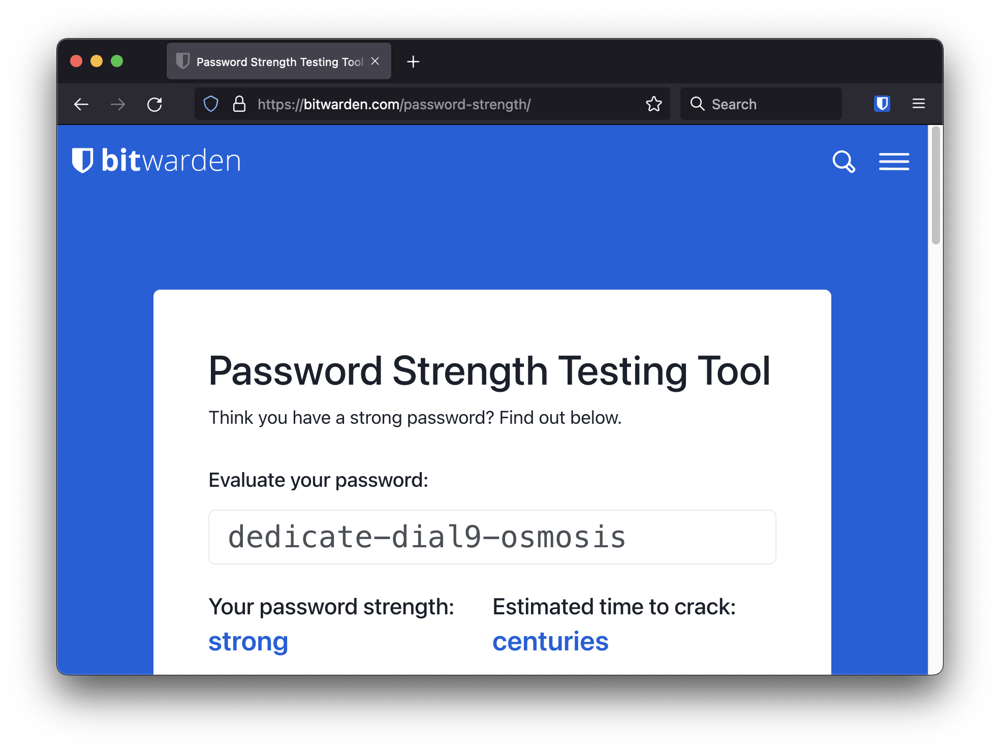 Bitwarden Password Strength Testing Tool and Time to Crack Password