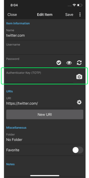 Add an Authenticator Key (TOTP) by clicking the camera and capturing the QR code from your web browser