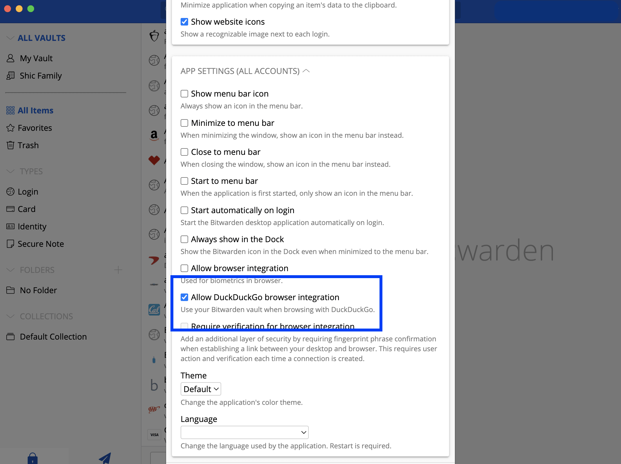 Bitwarden preferences settings | Check 'Allow DuckDuckGo browser integration'