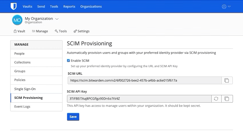 La page de provisionnement du SCIM affiche l'URL du SCIM et la clé API.