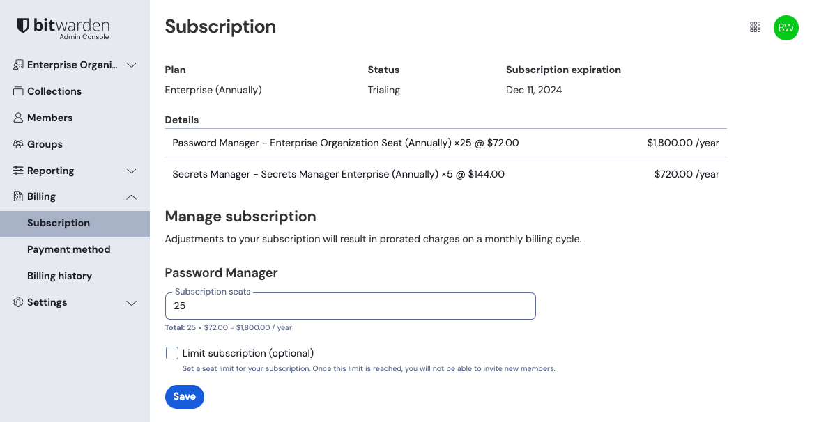 Organization subscription view