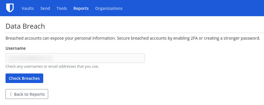 Figure 3: Checking either usernames or email addresses for data breaches is simple with Bitwarden.