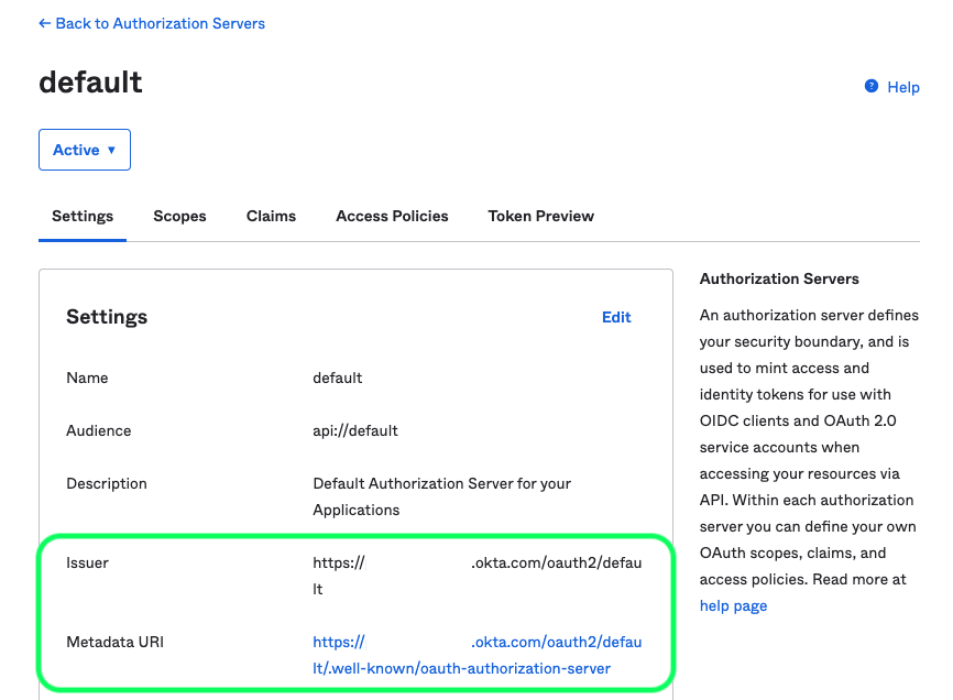 Ajustes del Servidor de Autorización Okta 