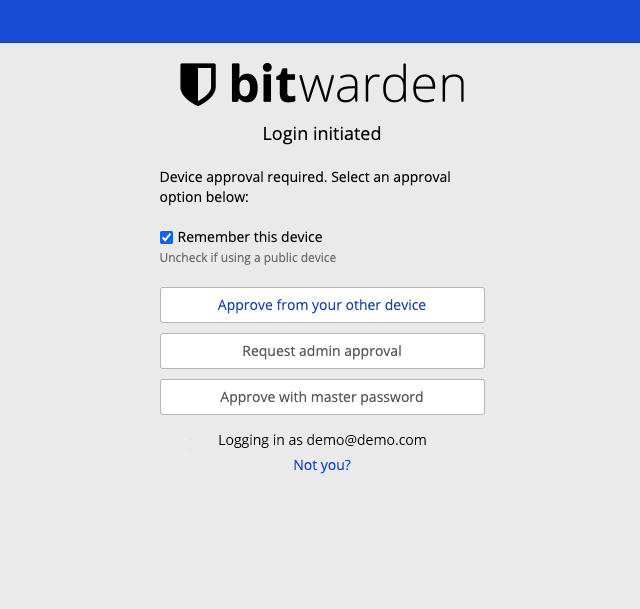 The login screen on the Bitwarden desktop application during login as a new device, showing the options to approve the login.