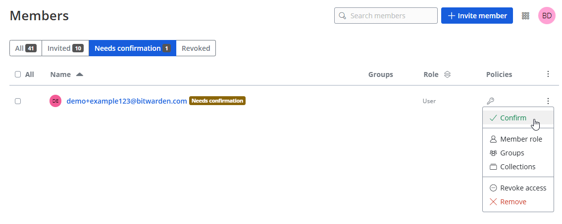 After the user accepts the invitation, confirm the user from the options dropdown menu.