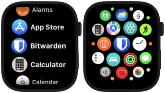 Apple Watch app selection screens 