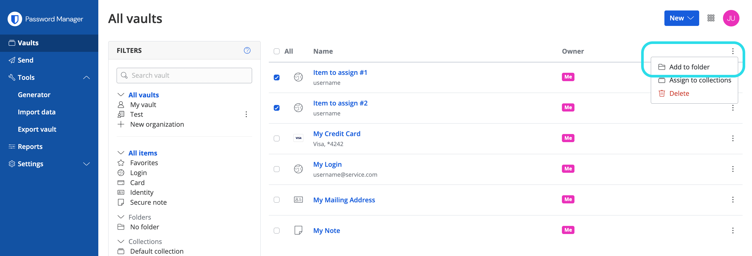 Elemente in einen Ordner verschieben