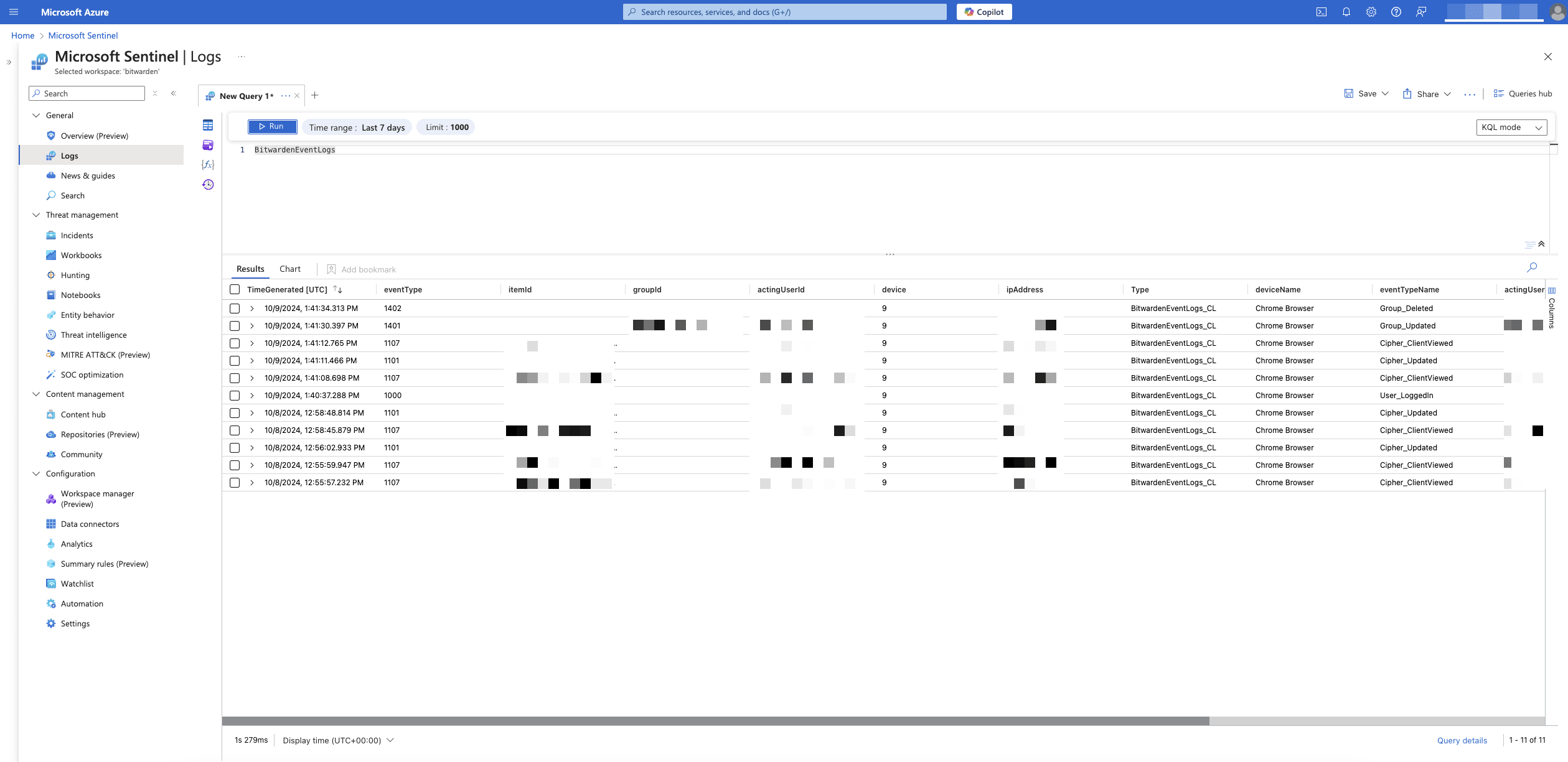 Microsoft Sentinel query result