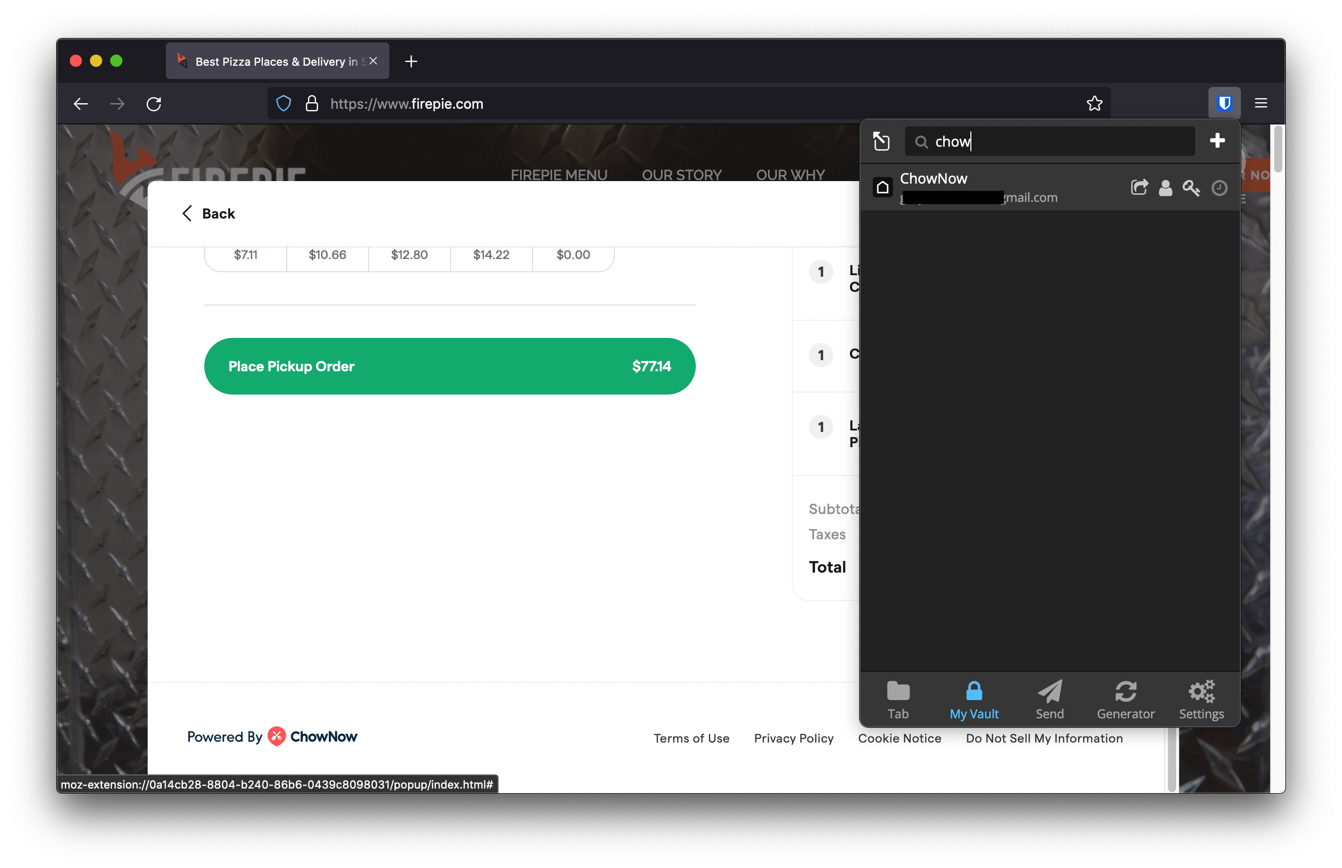 Bitwarden vault does not hold ChowNow credentials for Firepie.com