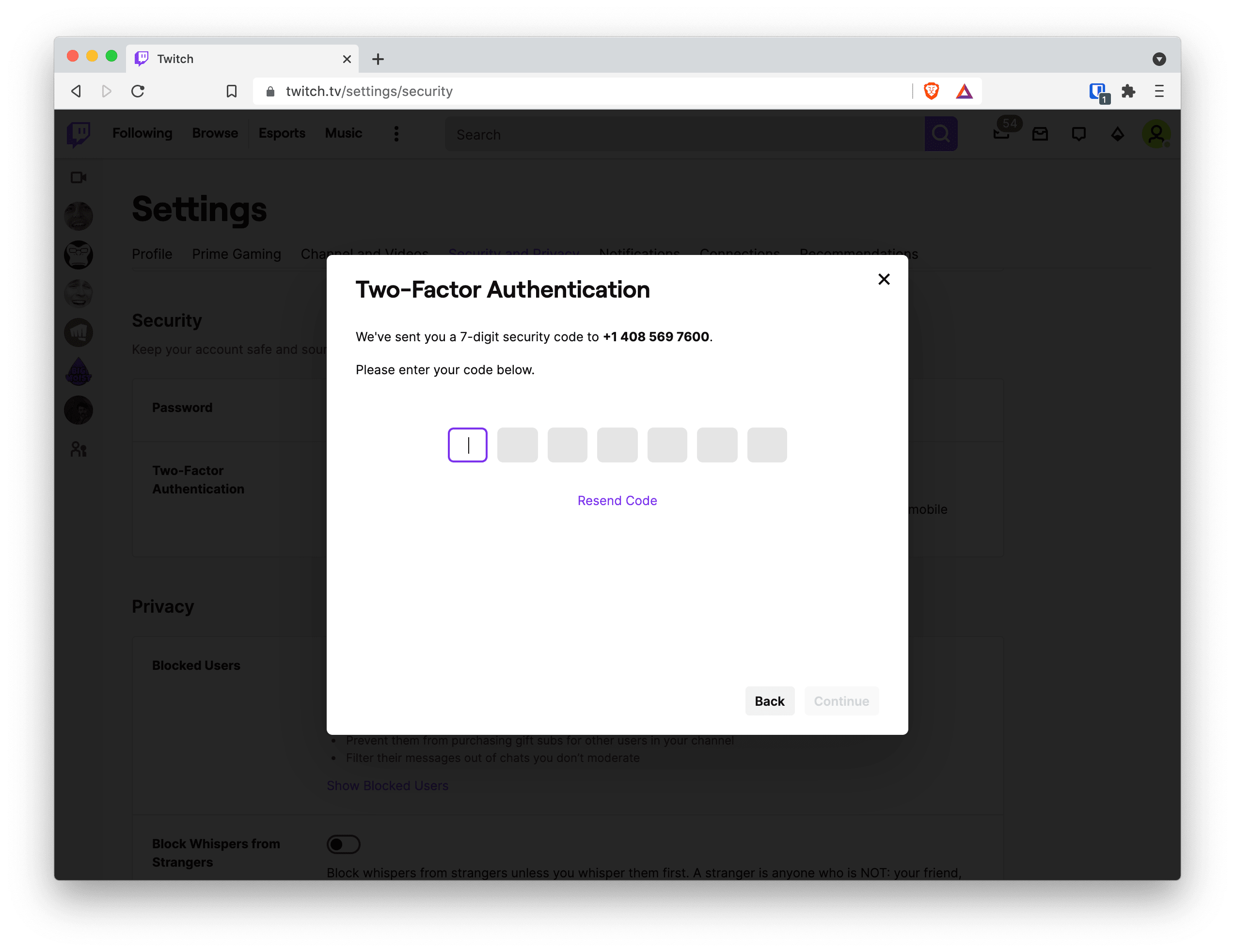 Entering code sent to phone number with Twitch's Two-Factor Authentication