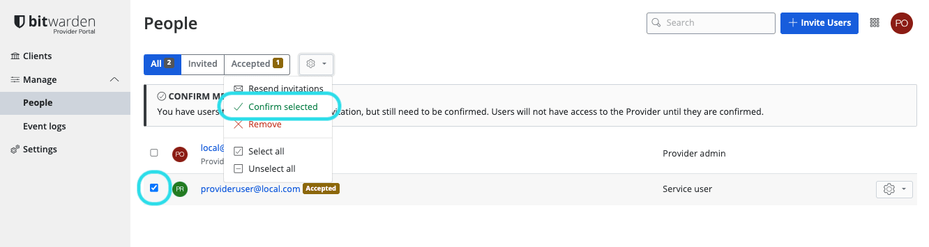 Confirm invited provider user