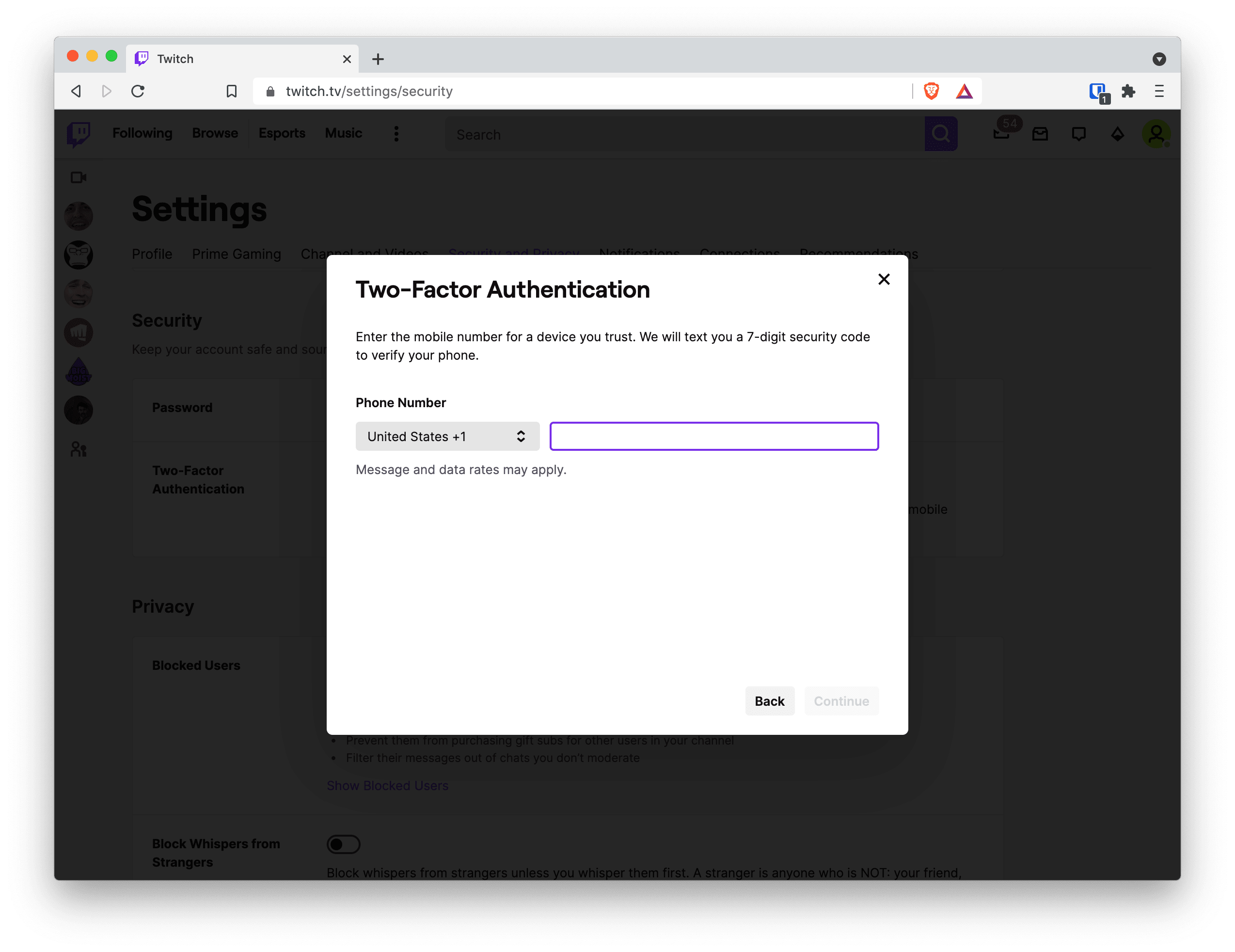 Enter phone number for Twitch's Two-Factor Authentication