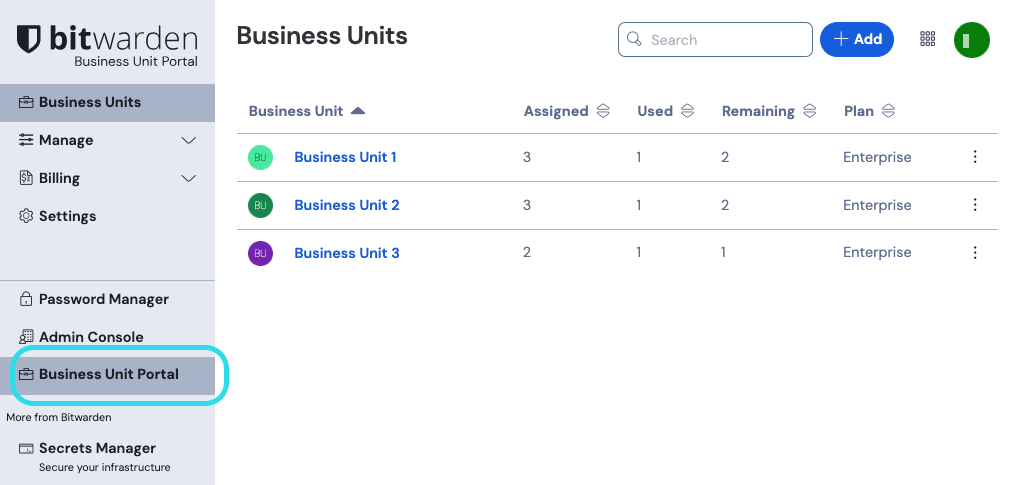Open the Business Unit Portal