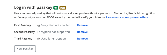 Passkeys list