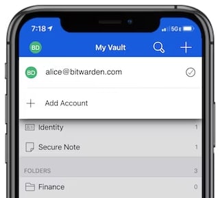 Account Switching in iOS - Screenshot of iOS Bitwarden client demonstrating account switching feature