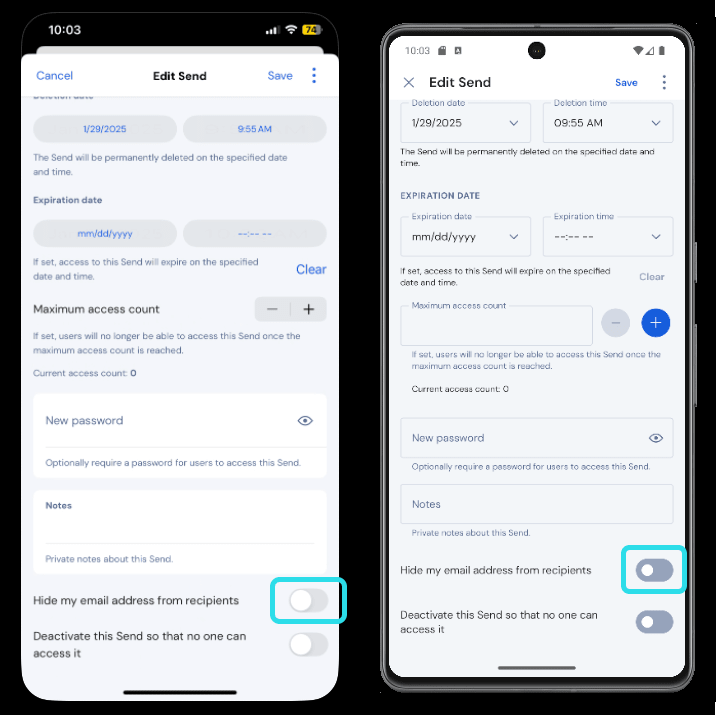 Deactivate send from mobile
