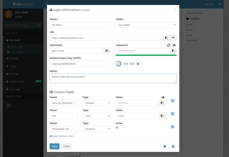 Custom fields for a login entry in the Bitwarden web vault