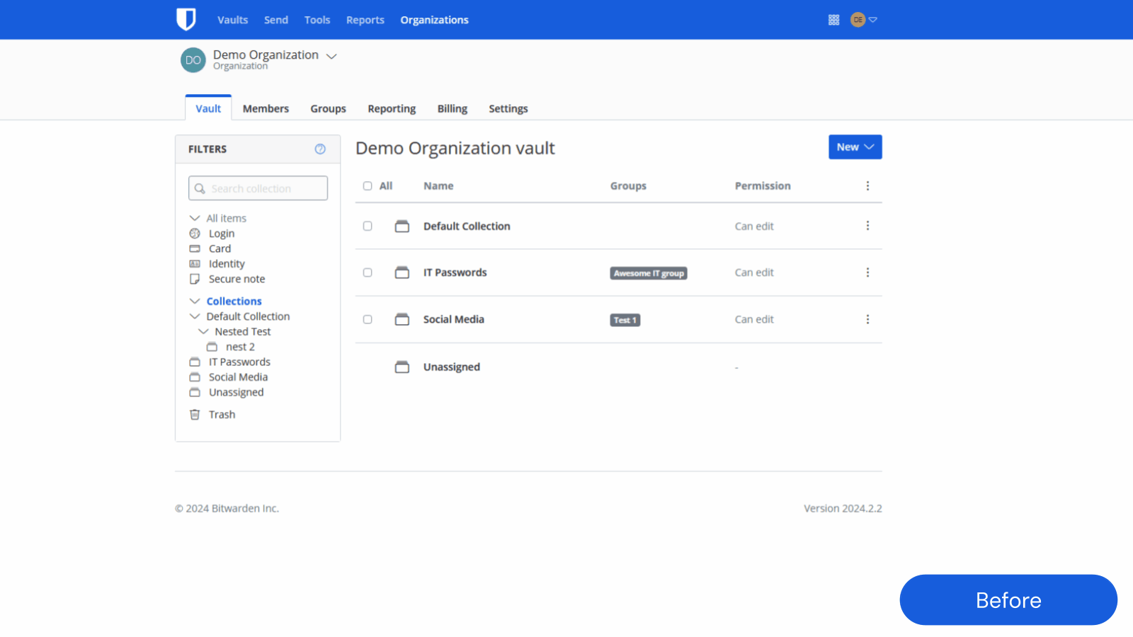 Admin view of Bitwarden vault UI before and after