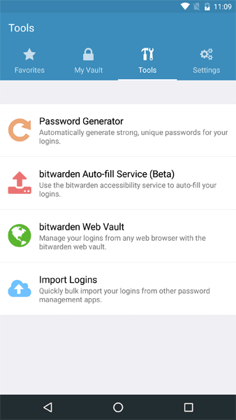 Bitwarden tools screen