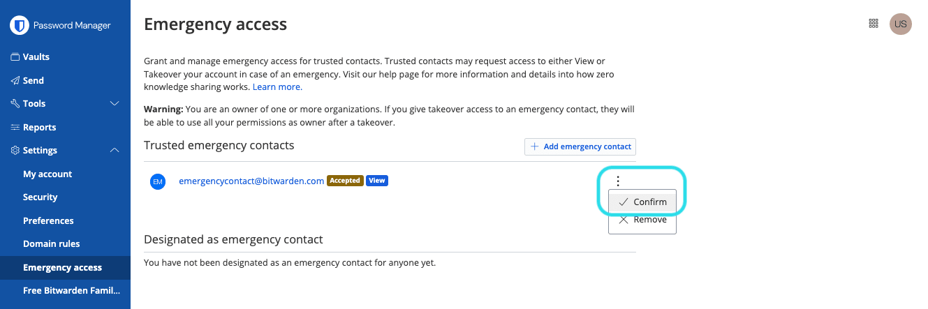 Confirma el contacto de emergencia