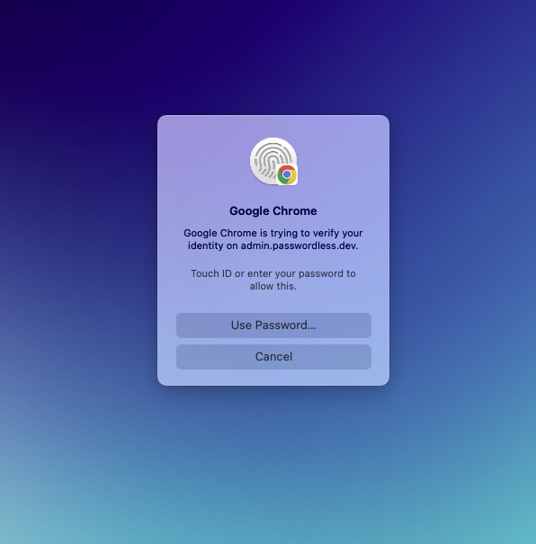 Google Chrome is trying to verify your identity on admin.passwordless.dev.