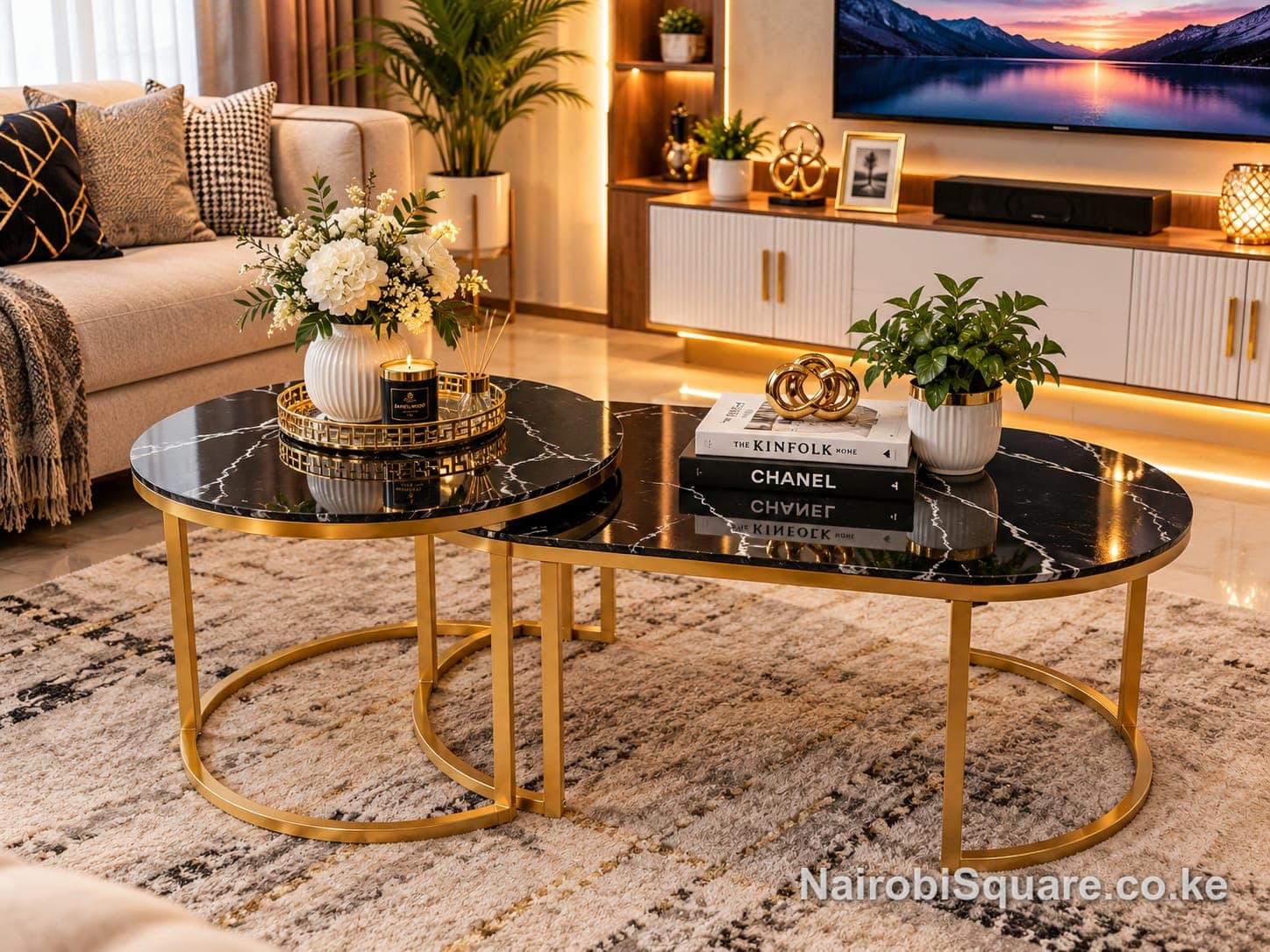 2-in-1 Marble Nesting Coffee Table – Black Glass-Effect Modern Design