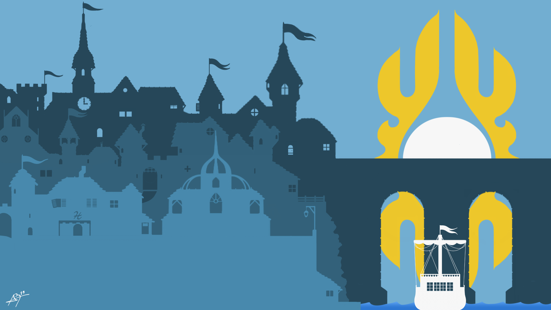 A stylised silhouette of a city with a yellow and white crest over the top