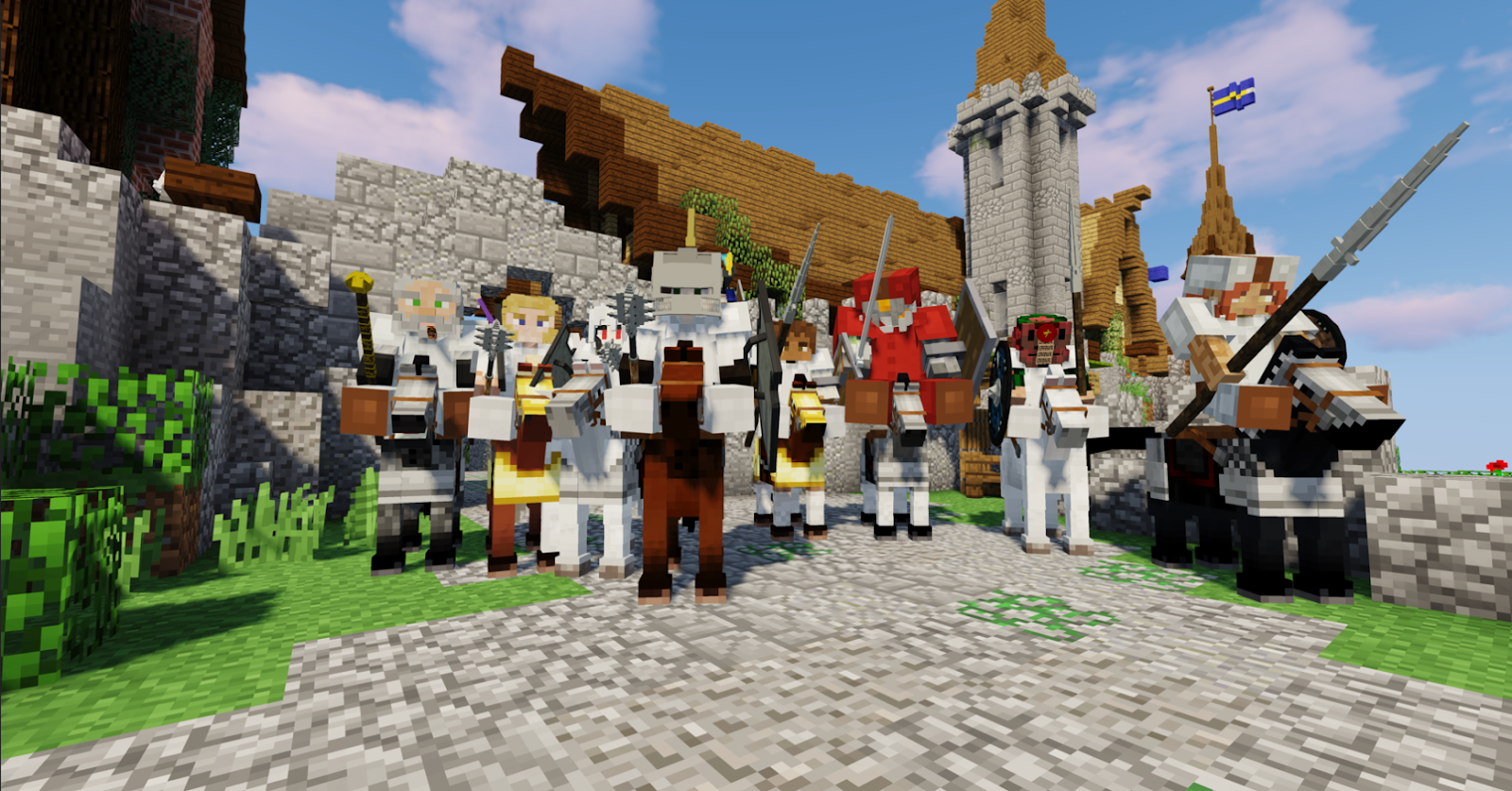 A group of 7 minecraft characters on horses kitted out with armour and weapons