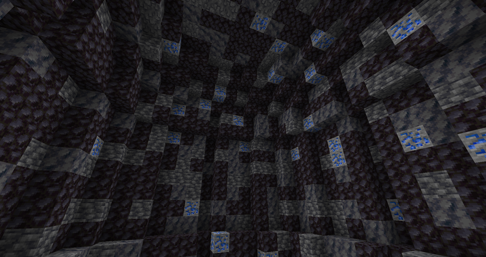 A minecraft cave showing various blocks of gems