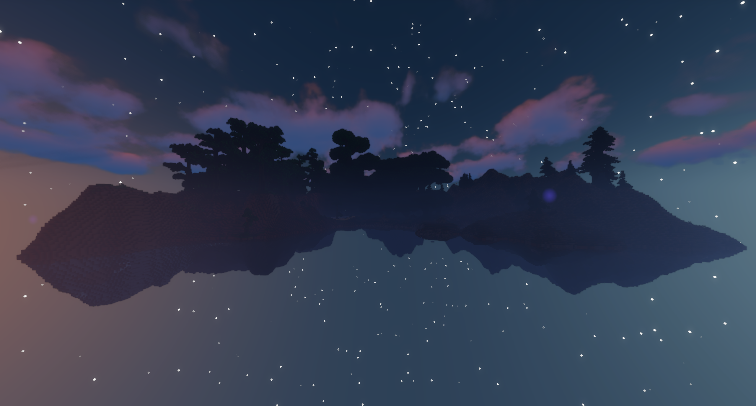 A landscape built in minecraft, the land seemingly hovering in open air