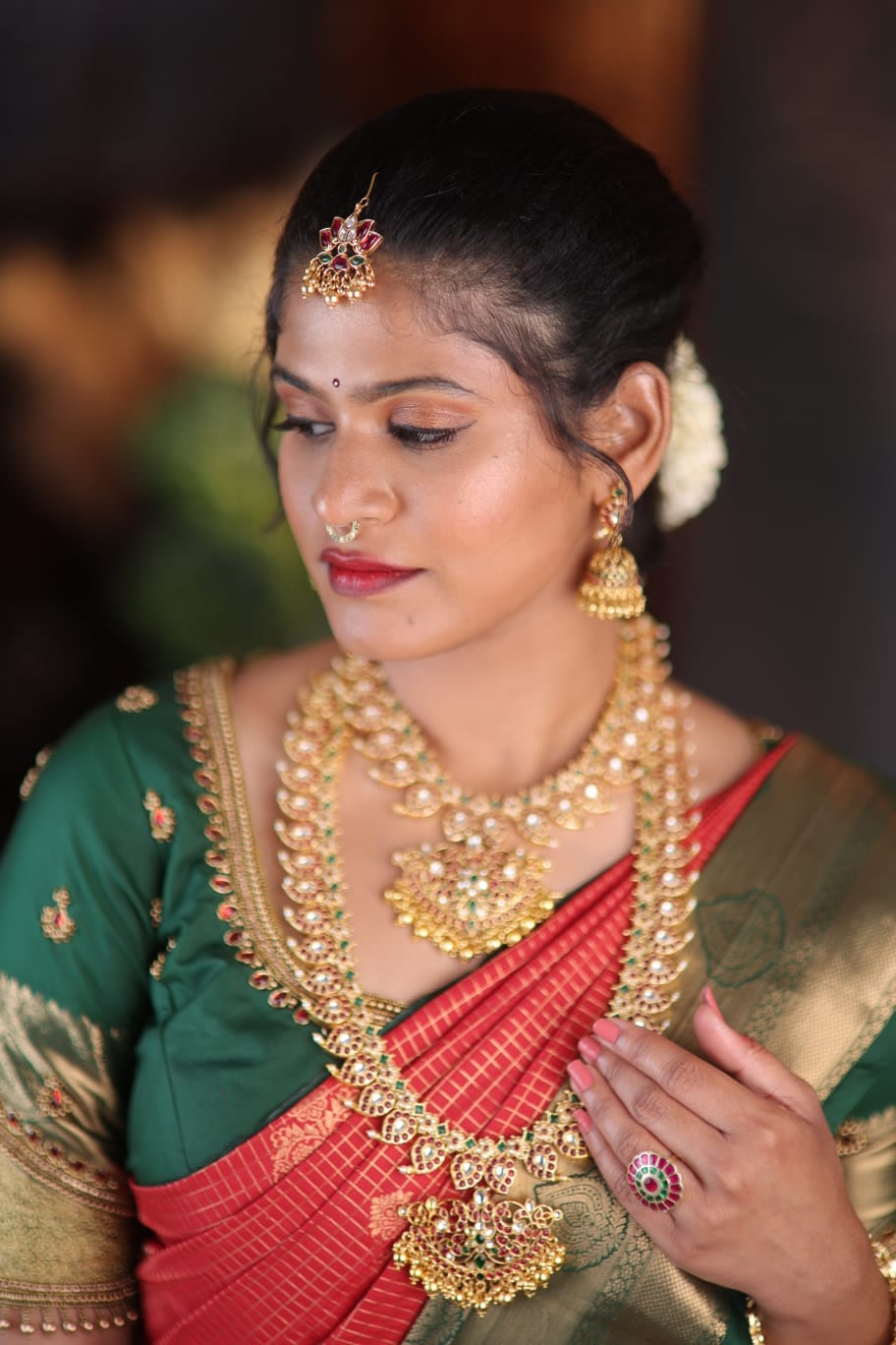 Engagement makeup look with soft glam finish created by Shaarmika's Bridal Studio, Chennai
