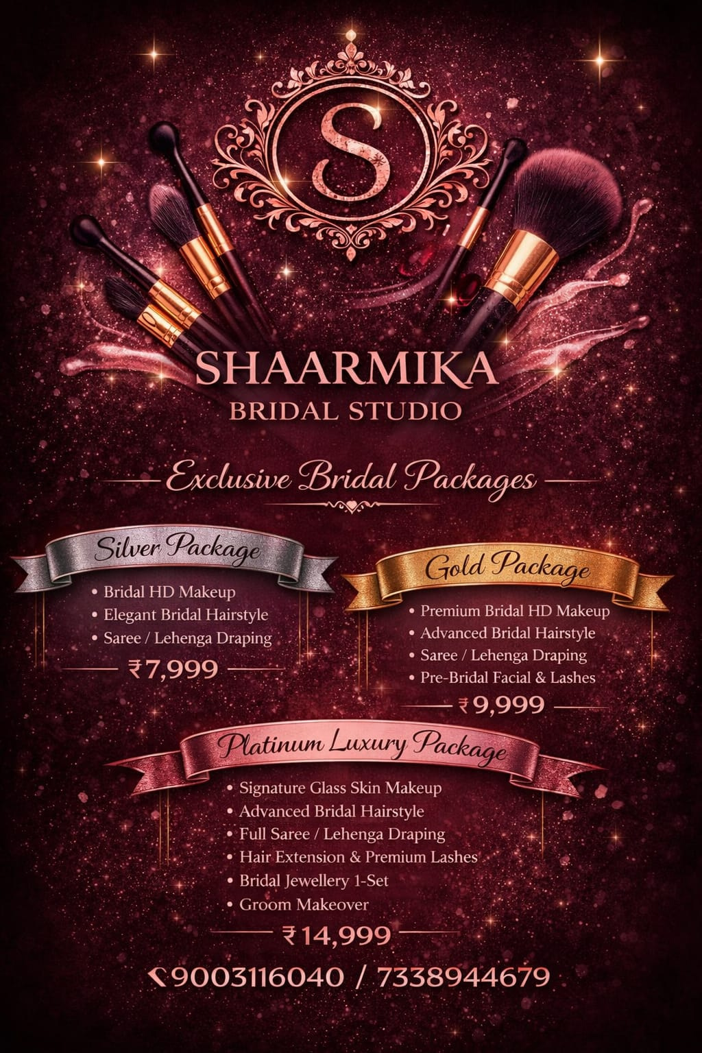 Bridal makeup price list in Chennai — Shaarmika's Bridal Studio packages from ₹7,999