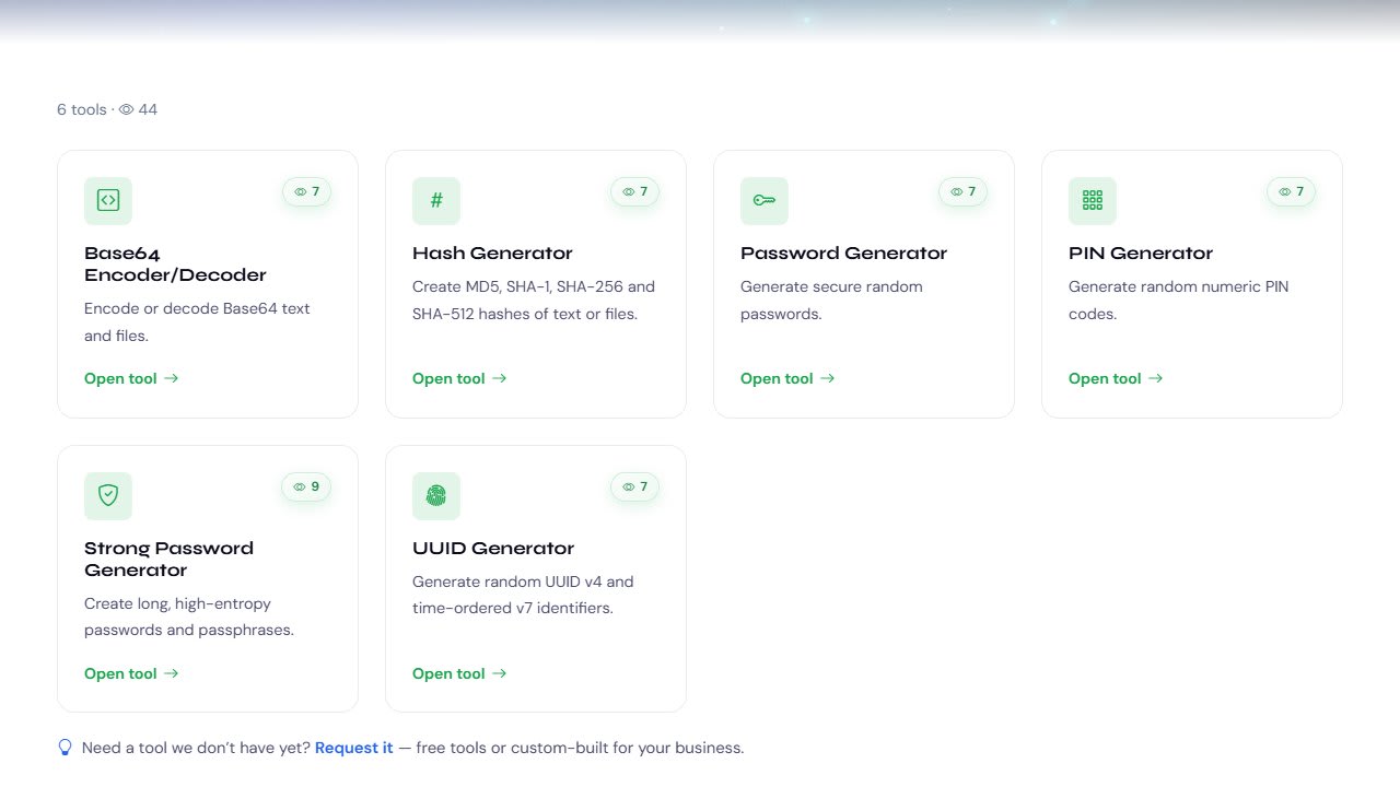 The security tools page on GenZCoders, listing all 6 security tools