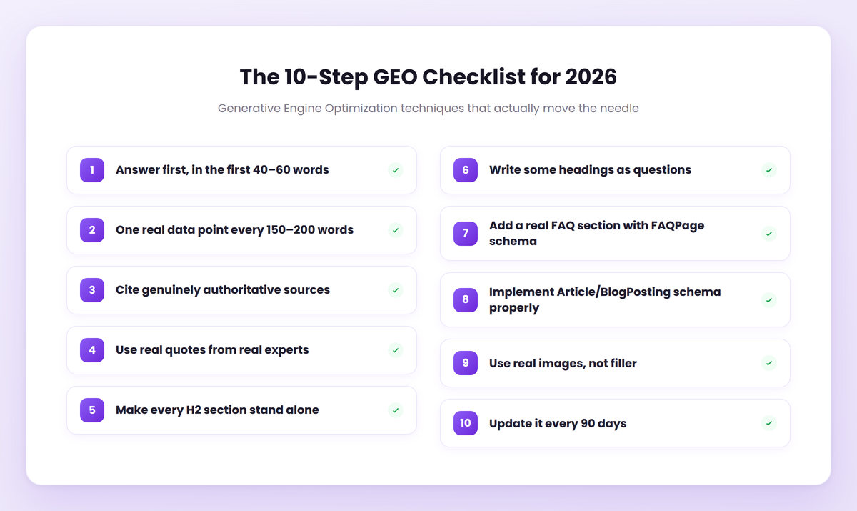 10-step Generative Engine Optimization checklist for 2026.