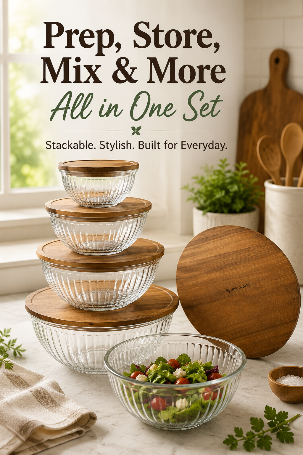 Stackable Glass Mixing Bowls with Acacia Lids – Set of 5