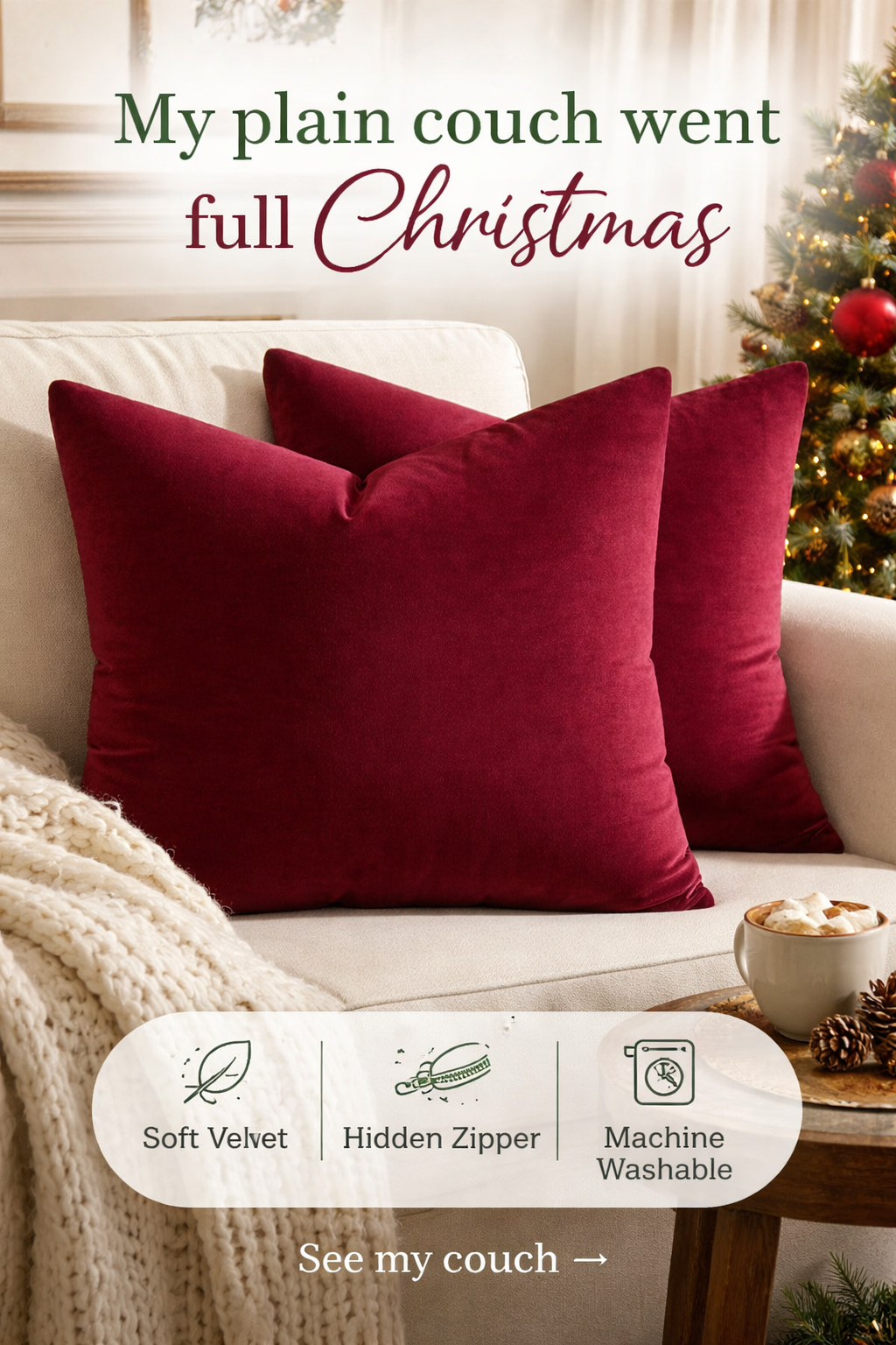 These $12 Velvet Pillow Covers Made My Couch Christmas