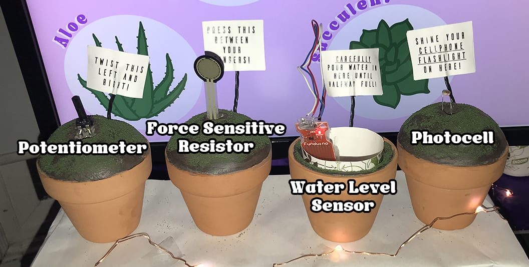 The four different Arduino sensors used: potentiometer, force resistor sensor, water level sensor, photocell