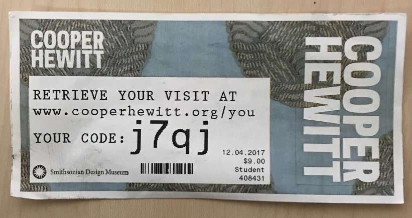 Cooper Hewitt ticket with code to access the digital integrated souvenirs